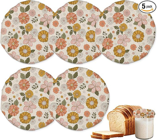 70s Retro Floral Flowers Sourdough Starter Jar Covers Reusable,Breathable Fabric Lids for Mason Jars,Wide Mouth and Regular Mouth(5 Pack)