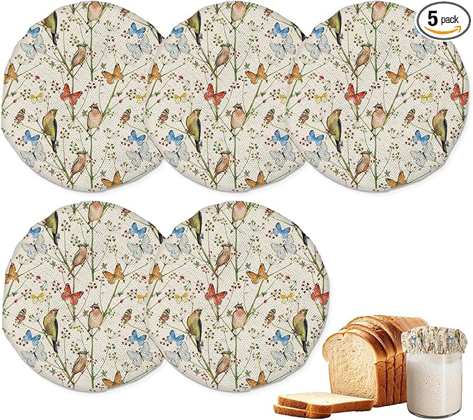 Vintage Nature with Birds and Butterflies Sourdough Starter Jar Covers Reusable,Breathable Fabric Lids for Mason Jars,Wide Mouth and Regular Mouth(5 Pack)