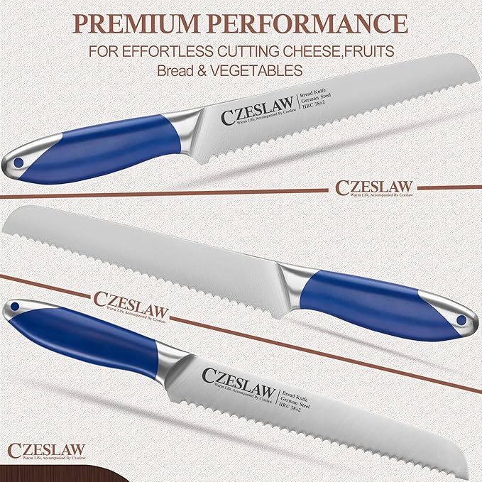 Bread Knife 2pcs, Forged from High Carbon German Steel, Full Tang Professional Grade Serrated Bread Knife for Homemade Bread