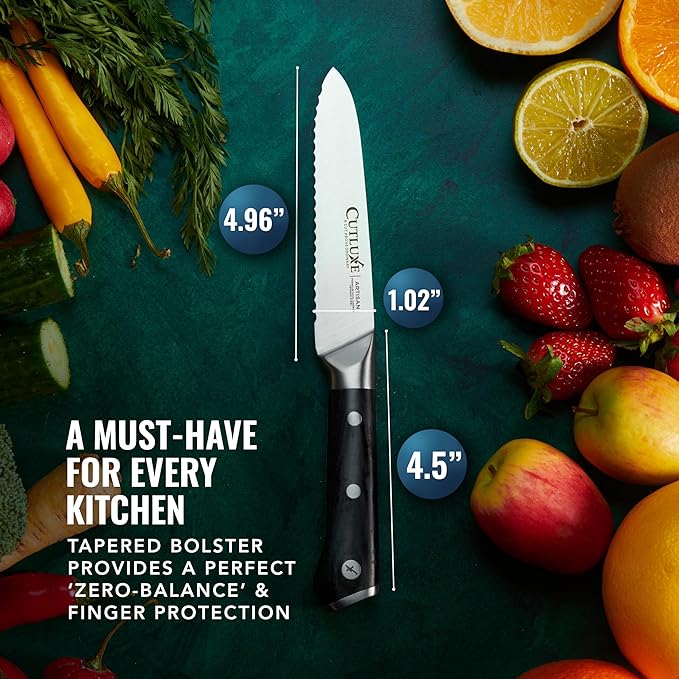 Cutluxe Kitchen Utility Knife – 5" Serrated Ultra Sharp Blade, Ergonomic Handle, Full Tang – Forged High Carbon German Steel – Artisan Series