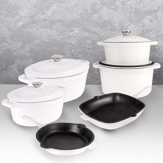 BergHOFF 10Pc Neo Enameled Cast Iron Cookware Set, Matching Lid, Oven Safe Up To 400°F, White