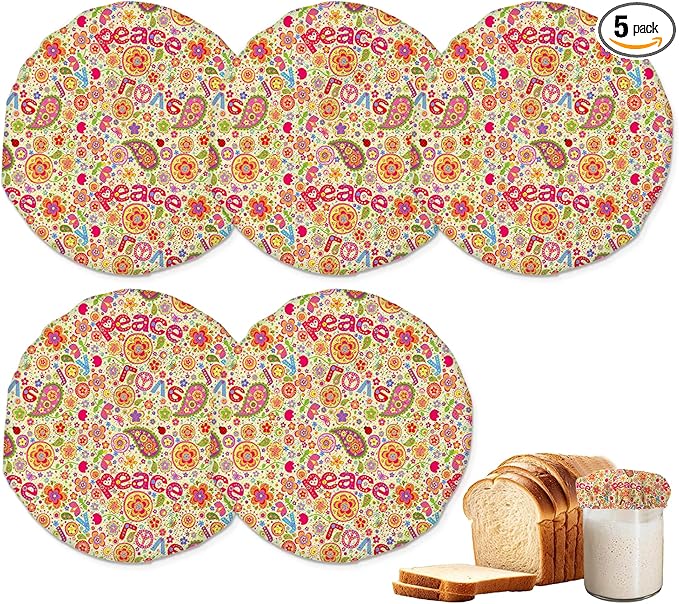 Colorful Flowers Peace Love Cloth Covers for Sourdough Starter Jar,Reusable Lid Top Cover Bread Fermentation Baking Supplies for 3-4 Inch Jar Mouth