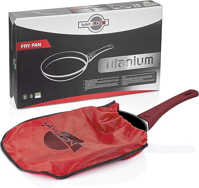 SAFLON Titanium Nonstick 2 Piece Fry Pan Set 4mm Forged Aluminum with PFOA Free Scratch-Resistant Coating from England, Dishwasher Safe (Red)