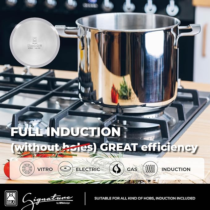 BRA COOKWARE Signature 12 Piece Cookware Set | Stainless Steel Professional Kitchenware Set | 2 Pots, 1 Sauté Pan, 3 Frying Pans, 1 Saucepan, 1 Colander, 4 Lids | All Stovetop Compatible | PFOA Free