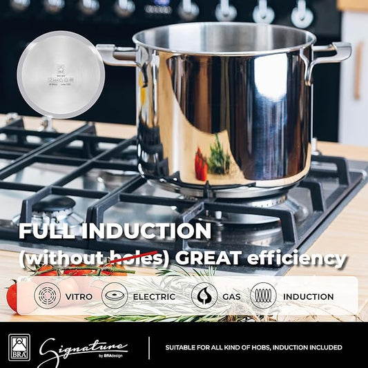 BRA COOKWARE Signature 12 Piece Cookware Set | Stainless Steel Professional Kitchenware Set | 2 Pots, 1 Sauté Pan, 3 Frying Pans, 1 Saucepan, 1 Colander, 4 Lids | All Stovetop Compatible | PFOA Free
