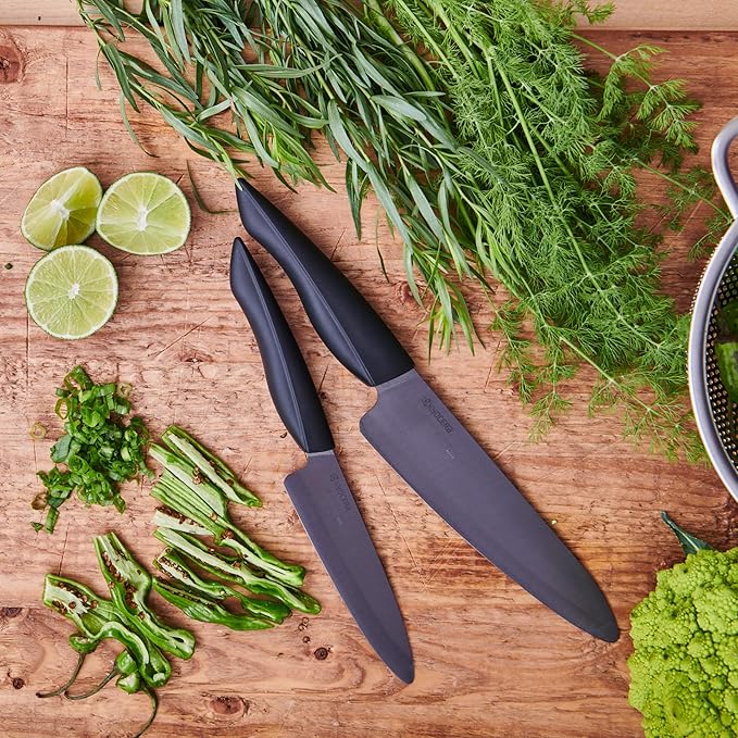 Kyocera Innovation Series Ceramic 5" Slicing Knife, with Soft Touch Ergonomic Handle-Black Blade, Black Handle