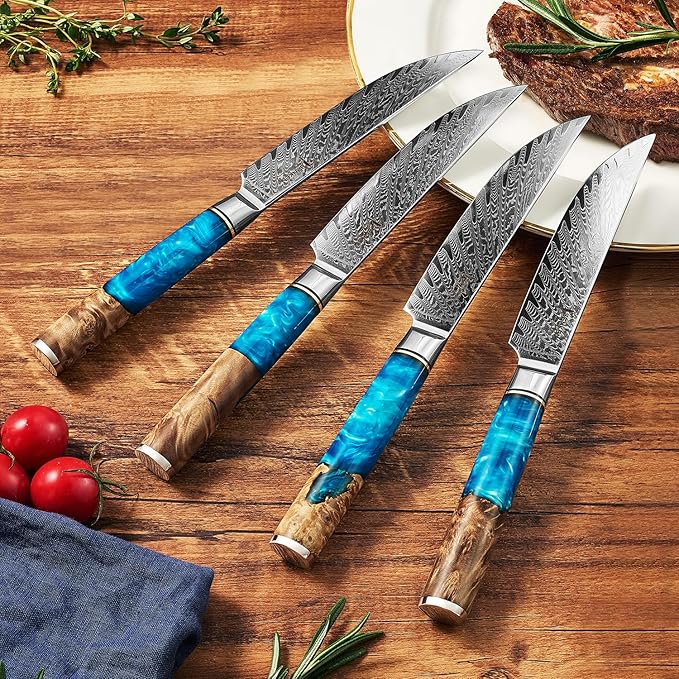 SENKEN Damascus Steak Knife Set - Tsunami Collection - 67-Layer Japanese VG10 Steel - Razor Sharp Non-Serrated Blades, Blue Resin & Natural Wood Pattern Handles, Luxury Gift Box (6 Steak Knife Set)