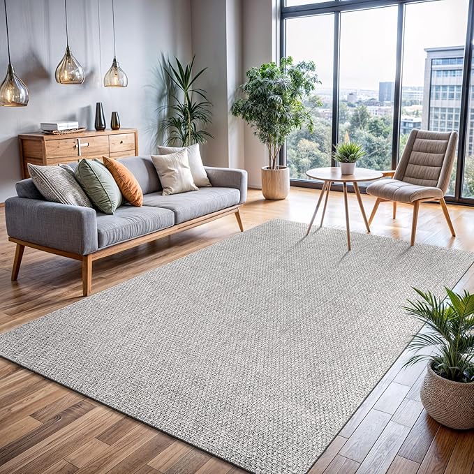 CAMILSON Easy Jute Rug 5x7, Indoor Outdoor Gray Color Farmhouse Area Rugs for Living Room Patio and Kitchen Rug, Solid Boho Woven Design, Easy-Cleaning, Washable Outside Carpet Alfombras (5 x 7)