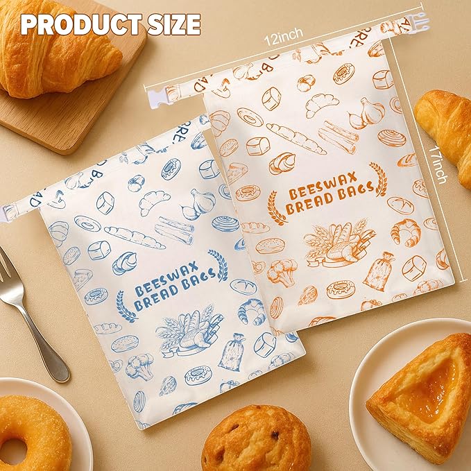 2 Pack Zipper Reusable Beeswax Bread Bag for Sourdough, 12x17in Cotton Linen Food Storage Bags for Homemade Bread, Keep Your Loaf Fresh for Days, Freezer Waxed Sourdough Container, Extra Large