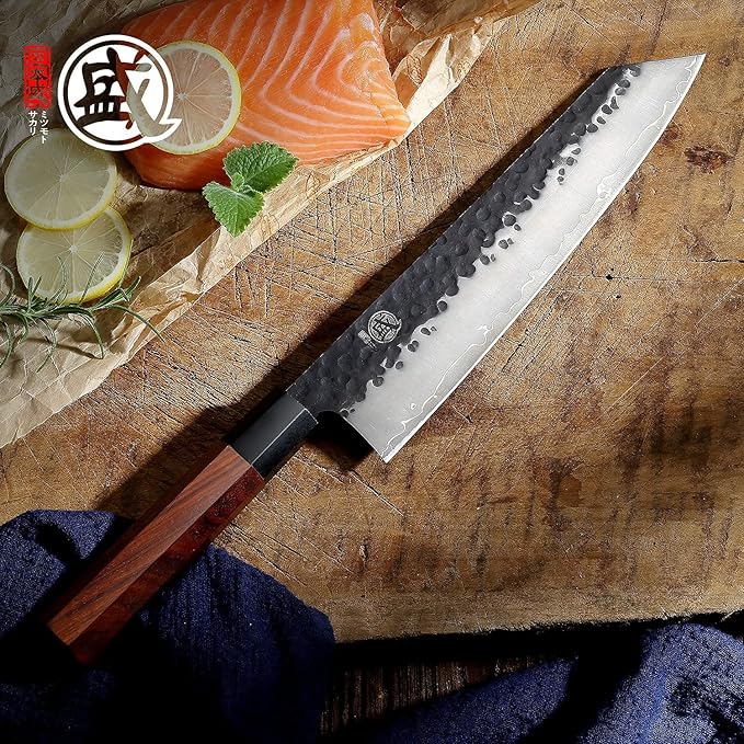 MITSUMOTO SAKARI Kiritsuke Chef Knife 9 inch - Hand Forged Japanese Kitchen Knives, 3-Layer 9CR18MOV High Carbon Steel, Rosewood Handle & Sandalwood Box
