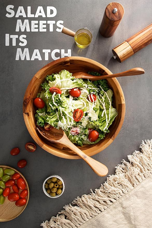 Acacia Wood Salad Bowl Set with Spoon, Fork - Large Salad Bowl with Serving Utensils - Big Mixing Bowl for Fruits, Salad, Pasta (12.2" Diameter x 4.75" Height) (Acacia color)
