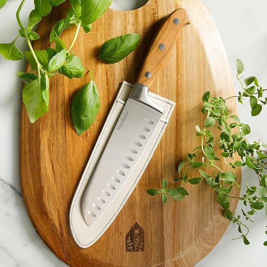 Bloomhouse 7 Inch German Steel Santoku Knife W/Italian Olive Wood Forged Handle