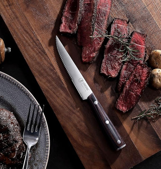 Steak Knife Set of 6 with Gift Box - Ergonomic Grip Black Wooden Handle, Highly Resistant & Durable German Stainless Steel, Serrated Edge - 4.8''Dinner Knife Set Non Straight