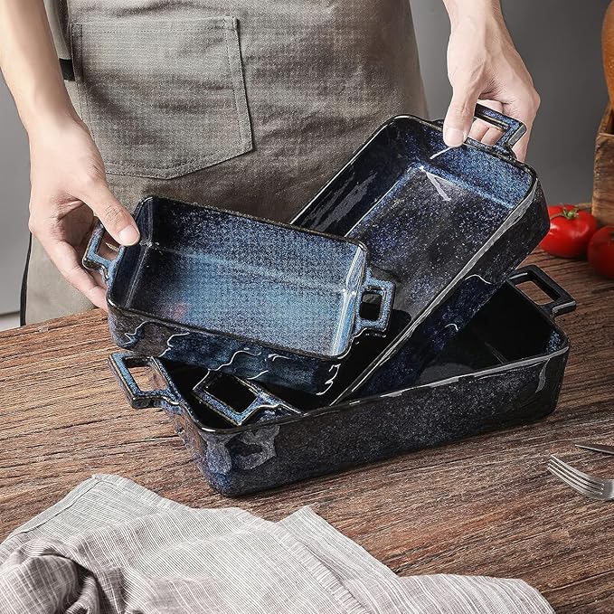 VICRAYS Ceramic Bakeware Set, Porcelain Rectangular Lasagna Pans Casserole Dish Set for Baking, Cooking, Kitchen, Cake Dinner, Banquet and Daily Use, 3 PCS, 15 x 8.5 Inches(Blue)