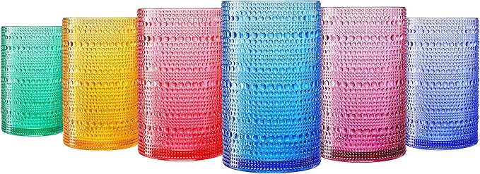 Khen Plastic Hobnail Drinking Highball Glasses Set of 6 Bright Tones Cups 14oz, Shatterproof & Unbreakable Acrylic Beaded Design, BPA-Free, Dishwasher Safe Indoor/Outdoor Drinkware Water, Cocktails