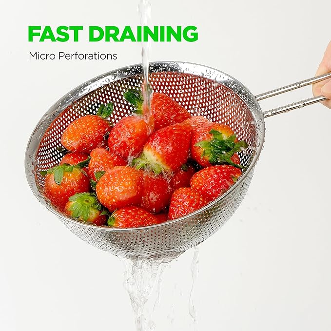 Premium 18/8 304 Stainless Steel Strainer Set of 3 with Long Handle, Micro-Perforated Colanders 1.5-2.5-4 Quart Set, Self-Draining Solid Base for Pasta, Fruits, Vegetables, Made in Korea