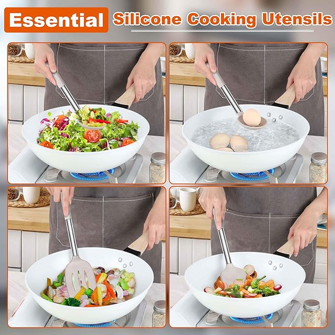 LIANYU 4Pcs Kitchen Utensils Set, Silicone Cooking Utensil Spatula Set, Heat Resistant Kitchen Tools for Nonstick Cookware, Stainless Steel Handle, Dishwasher Safe, Khaki