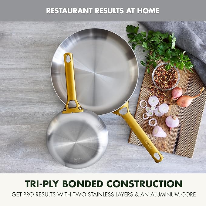GreenPan Stainless Steel Tri-Ply Reserve 10” and 12” Frying Pan Skillet Set, Multiclad Cookware, PFAS-Free, Induction, Oven & Broiler Safe to 600°F, Heat Responsive Core, Dishwasher Safe, Gold Handles