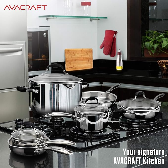 AVACRAFT 18/10 Stainless Steel Cookware Set, Premium Pots and Pans, Kitchen Essentials For Cooking, Multi-Ply Body Stainless Steel, 10-Pieces