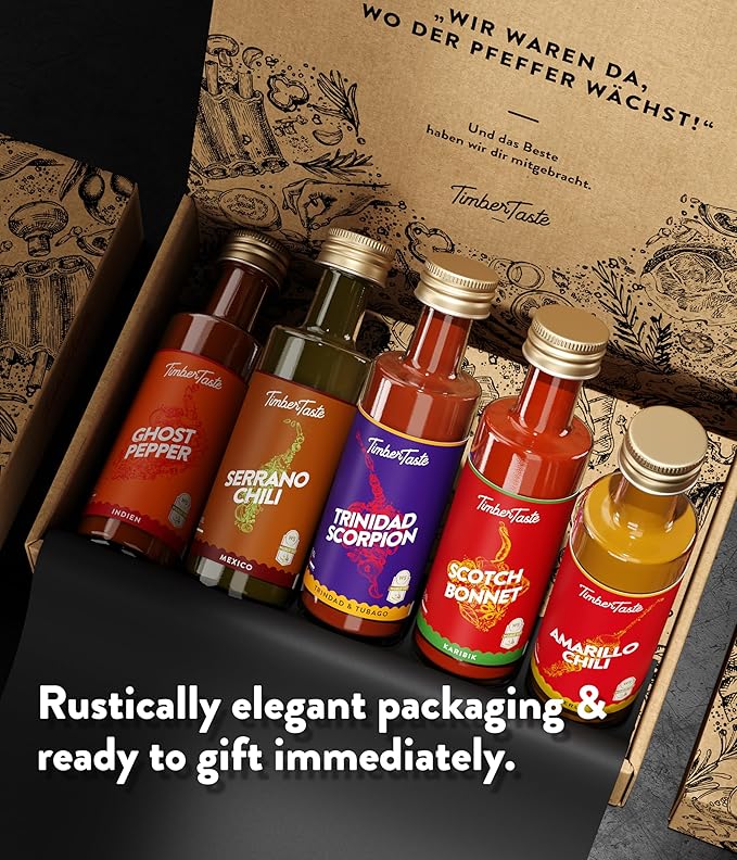 TIMBER TASTE® World Hot Sauce Gift Set [5x1.35 oz] Hot Sauce Variety Pack - Spicy Condiment Set for Heat Lovers in Mini Bottles - Gourmet Spicy Food Gifts for Women & Men - Birthday Gifts for Men