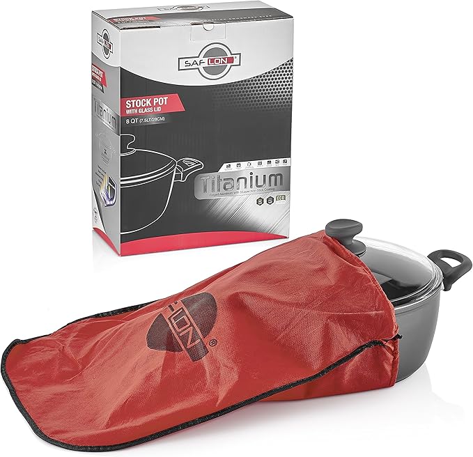 Saflon Titanium Nonstick 8-Quart Stock Pot with Tempered Glass Lid, 4mm Forged Aluminum with PFOA Free Coating from England