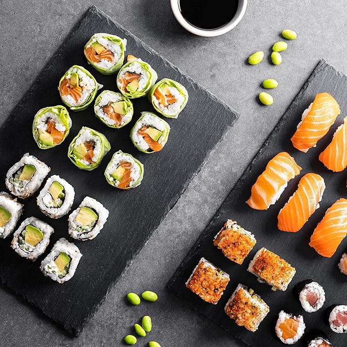 Navaris Natural Slate Serving Plates - Set of 6 Place Mat Serving Trays - Large Rectangular Stone Table Mat Serving Platter Tiles - 15" x 11"