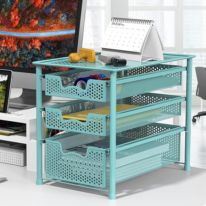 Simple Houseware Stackable 3 Tier Sliding Basket Organizer Drawer, Turquoise