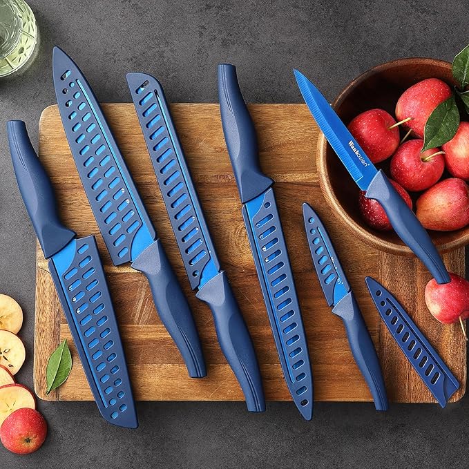 Wanbasion Blue Stainless Steel Knife Set, Sharp Kitchen Knife Set Professional, Kitchen Knife Set Dishwasher Safe with Covers for Cooking