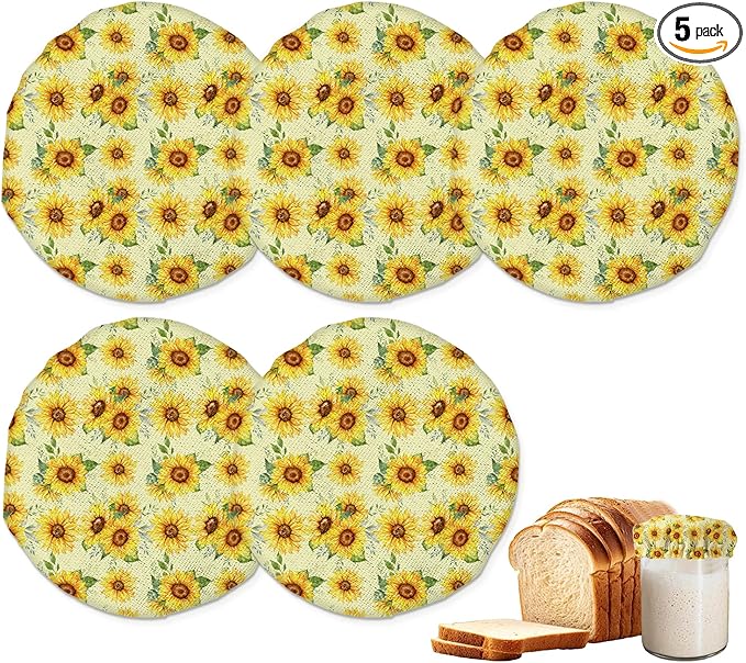 Sunflower Floral Sourdough Jar Cover Reusable Cloth Lid for Sour Dough Starter Jar,5 Pack Bread Fermentation Container Tops Elastic Fabric Caps