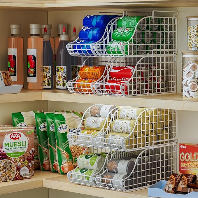 Stackable Pantry Can Dispenser Baskets 3-Pack, Standing Beverage Drink Pop Soda Can Storage Organizer Bin with Handles, Foldable Canned Food Holder for Kitchen Countertop Cabinet White