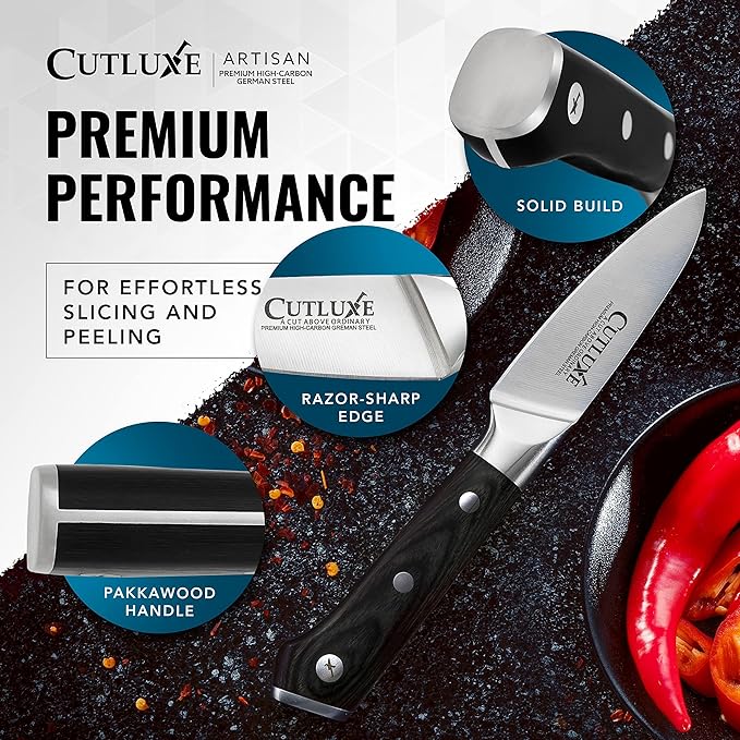 Cutluxe Paring Knife, 3.5" Small Kitchen Peeling Knife with Razor Sharp Blade – High Carbon German Steel, Full Tang, Ergonomic Handle Design – Artisan Series