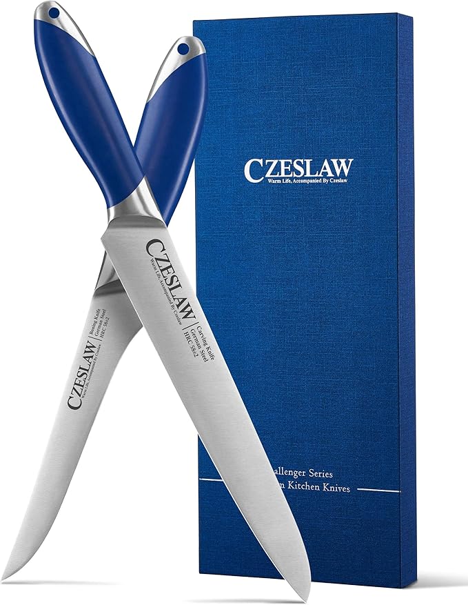 Carving Knife 2pcs, Brisket Knife and Slicing Knife, Meat Cutting and BBQ Knife, Razor Sharp Carving Knife for Meat, Forged from High Carbon German Steel, Full Tang Prussia Blue Handle