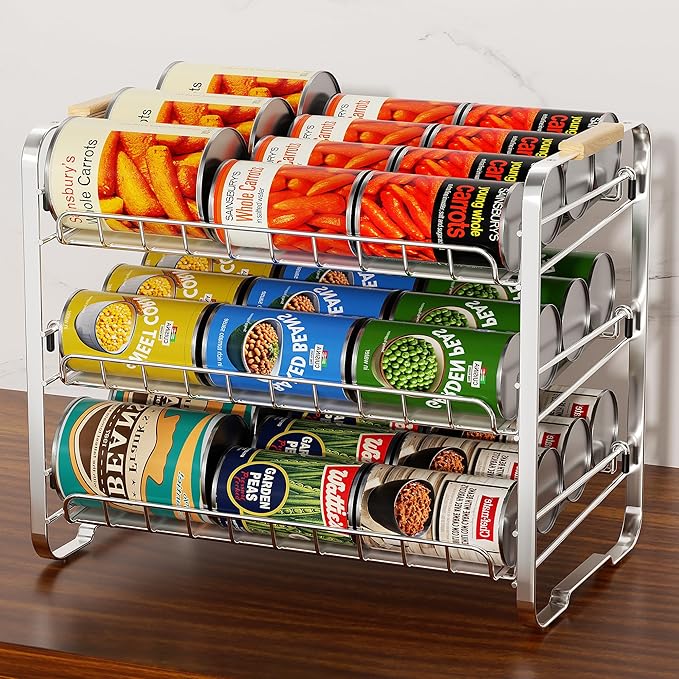 MAXIFFE 3 Tier Can Organizer for Pantry, Space-Saving Adjustable Easy Assembly Metal Sturdy Hold 36 Cans Storage Rack Holder Dispenser for Kitchen Countertop Cabinet RV, for Soda Drinks Fruits, Chrome