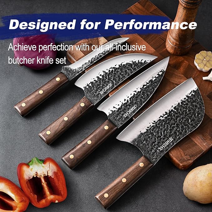 Butcher Knife Set,4 PCS Heavy Duty Hand Forged Serbian Chef Knife Meat Cleaver Boning Viking Knife Set-Full Tang High Carbon Steel for Home Cooking Outdoor BBQ Camping Gift Idea