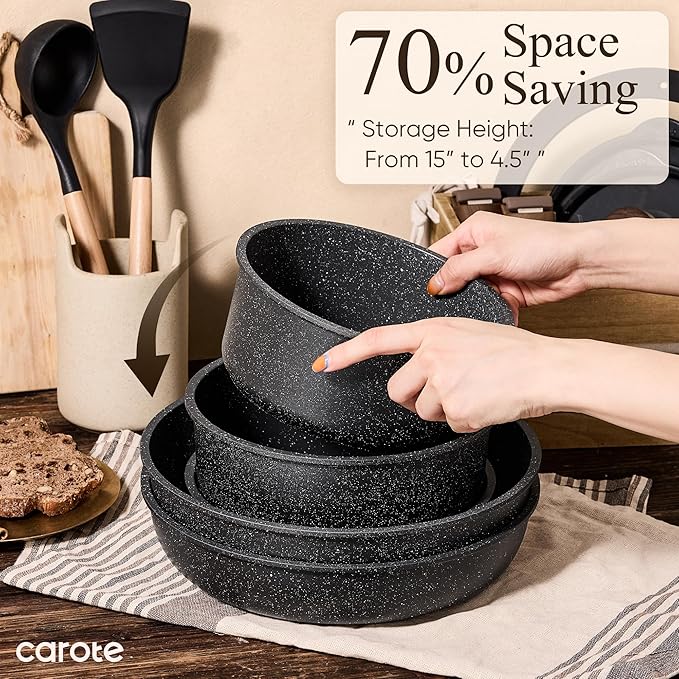 CAROTE Pots and Pans Set Non Stick, Cookware Sets, Kitchen Set, Oven/Dishwasher/Fridge Safe, Space Saving Pots Set, Nonstick Set with Versatile Detachable Handle, Induction RV Set, Black
