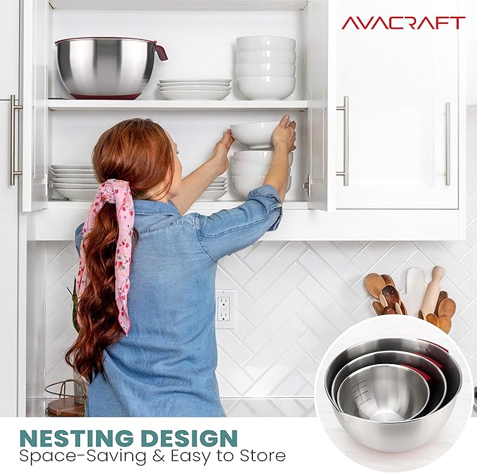 AVACRAFT 18/10 Stainless Steel Mixing Bowls with Lids, non slip silicone base bowls with Handle, Mixing Bowl Set with Pour Spouts & Measurement Marks, Home Essentials Cooking Bowls, (Red)