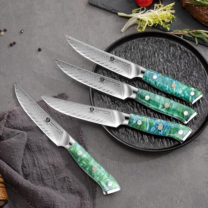 WILDMOK Steak Knives, 5 inch Non Serrated Steak Knife Set of 4, Japanese Damascus VG10 Steel Steak Knives, Dishwasher Safe Steak Knives, Premium Steak Knives Set with Gift Box