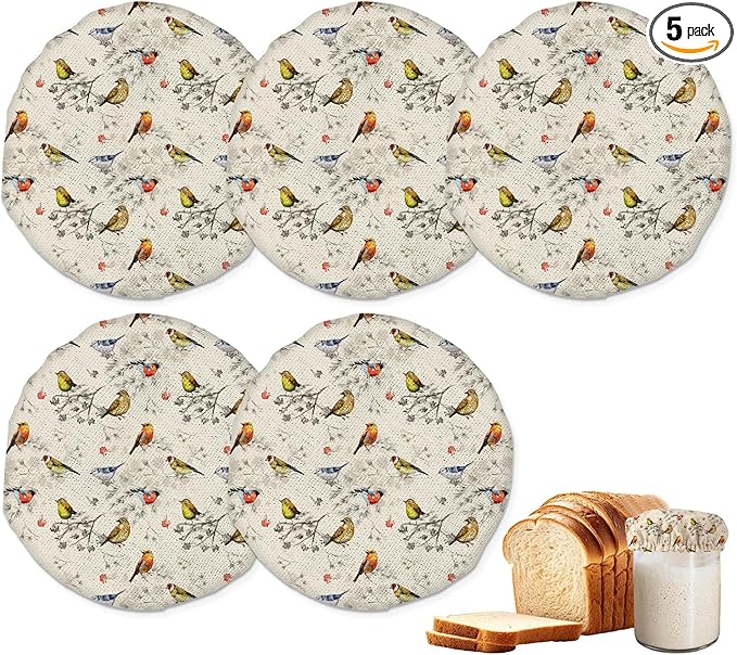 Sourdough Starter Jar Covers,5-Pack Reusable Vintage Birds Cloth Lids for 3-4 Inch Jars,Ideal for Kombucha Kefir or Cheese Fermentation