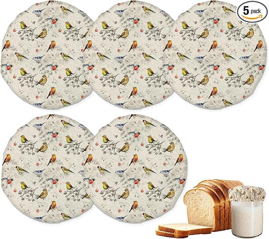 Sourdough Starter Jar Covers,5-Pack Reusable Vintage Birds Cloth Lids for 3-4 Inch Jars,Ideal for Kombucha Kefir or Cheese Fermentation
