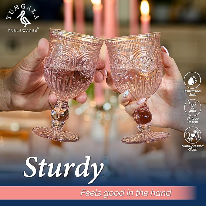 Yungala Pink Wine Glasses, set of 6 pink goblets handcrafted from pink glass (not painted or coated) ensuring your glassware is dishwasher safe and the color won't peel or chip.