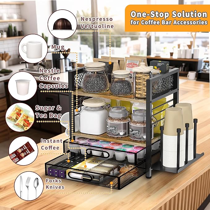 Coffee Bar Organizer - 4 Tier Coffee Station Organizer for Countertop, Coffee Bar Storage with 4 Hooks, with K Cup Storage Drawer and Cup Holder, Multifunctional Shelf for Accessories Kitchen