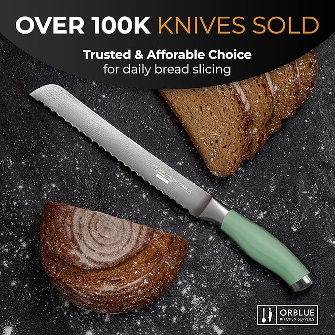 Orblue Serrated Bread Knife with Upgraded Stainless Steel Razor Sharp Wavy Edge Width - Bread Cutter Ideal for Slicing Homemade Bread, Bagels, Cake (8-Inch Blade with 5-Inch Handle) Green