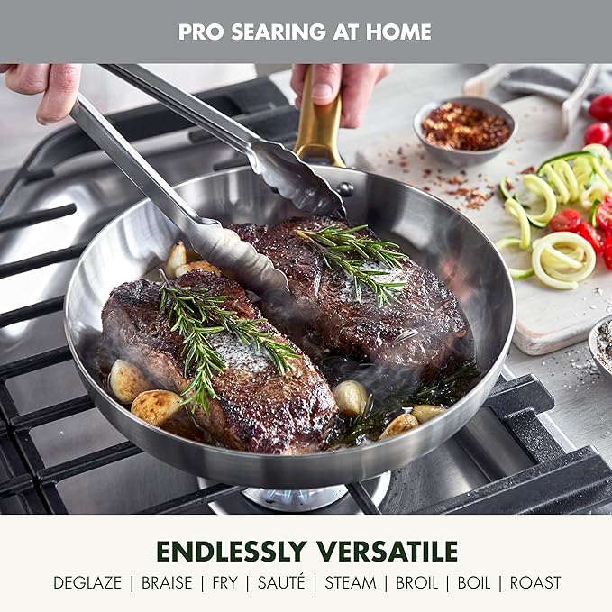 GreenPan Stainless Steel Tri-Ply Reserve 10” and 12” Frying Pan Skillet Set, Multiclad Cookware, PFAS-Free, Induction, Oven & Broiler Safe to 600°F, Heat Responsive Core, Dishwasher Safe, Gold Handles