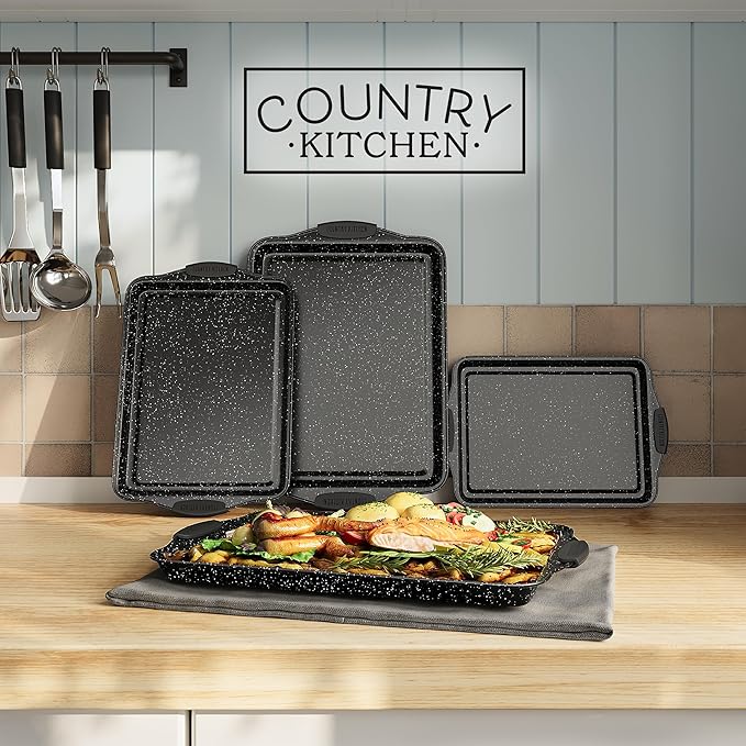Country Kitchen Nonstick Stackable Bakeware Set - Heavy Duty, Durable, Easy Release Baking Set, Black, 4 Pcs