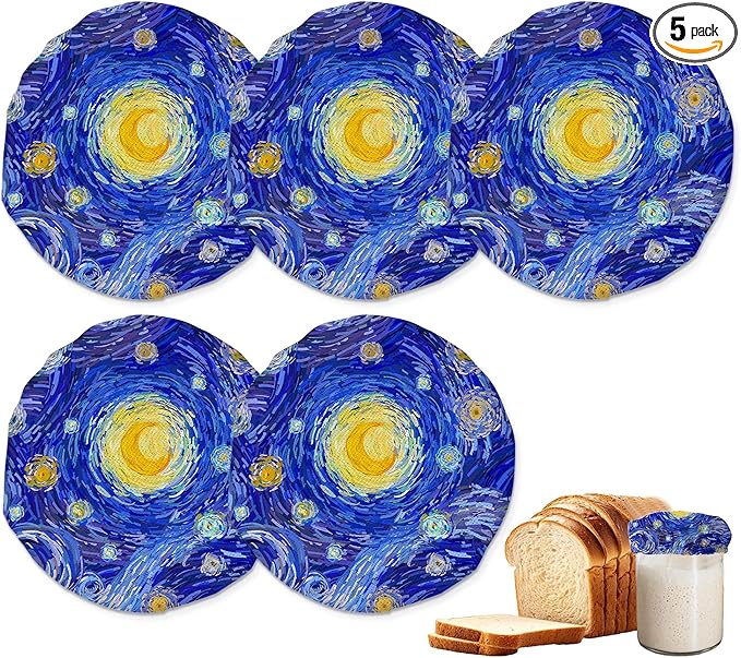 VinCent Van-Gogh Starry Night Sourdough Starter Jar Covers Reusable,Breathable Fabric Lids for Mason Jars,Wide Mouth and Regular Mouth(5 Pack)