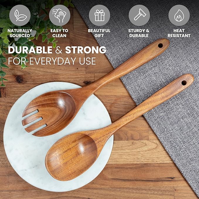Zulay Kitchen Teak Wood Utensil Set – 2 Piece Large Wooden Salad Serving Spoon and Fork, Handcrafted Natural Teak Wood Kitchen Utensils, Durable, Nonstick Safe & Smooth Finish