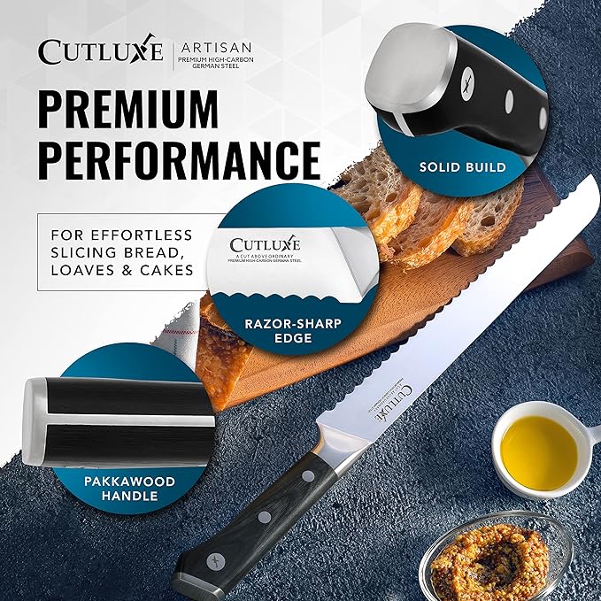 Cutluxe Bread Knife – 10" Serrated Knife for Homemade, Sourdough Bread – Forged High Carbon German Steel – Full Tang & Razor Sharp – Ergonomic Handle Design – Artisan Series