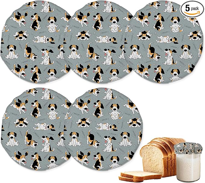 Beagle Dog Cute Puppy Sourdough Jar Cover Reusable Cloth Lid for Sour Dough Starter Jar,5 Pack Bread Fermentation Container Tops Elastic Fabric Caps