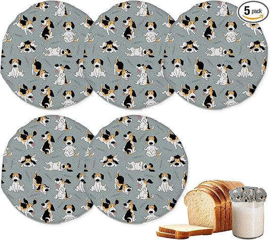 Beagle Dog Cute Puppy Sourdough Jar Cover Reusable Cloth Lid for Sour Dough Starter Jar,5 Pack Bread Fermentation Container Tops Elastic Fabric Caps