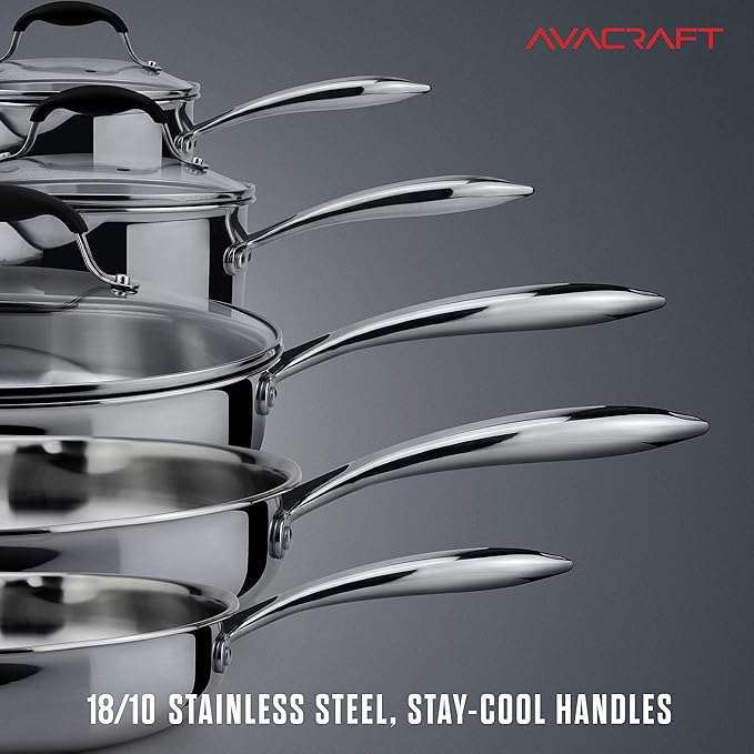 AVACRAFT 18/10 Stainless Steel Cookware Set, Premium Pots and Pans, Kitchen Essentials For Cooking, Multi-Ply Body Stainless Steel, 10-Pieces